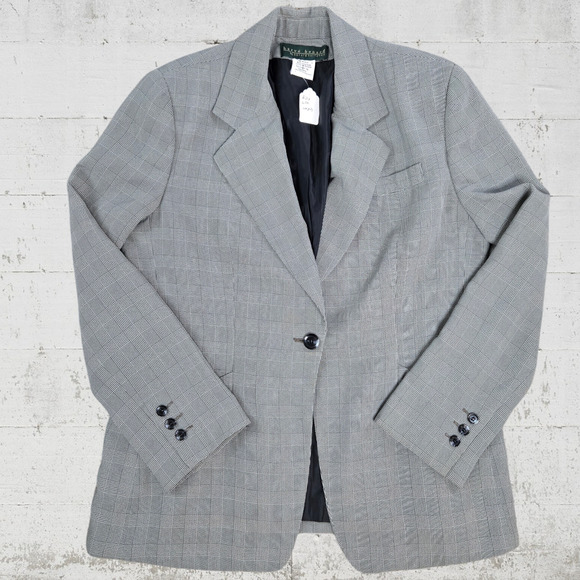 80s Vintage Gray Houndstooth Plaid Harve Benard Single Breasted Blazer Size 16 - Picture 1 of 10
